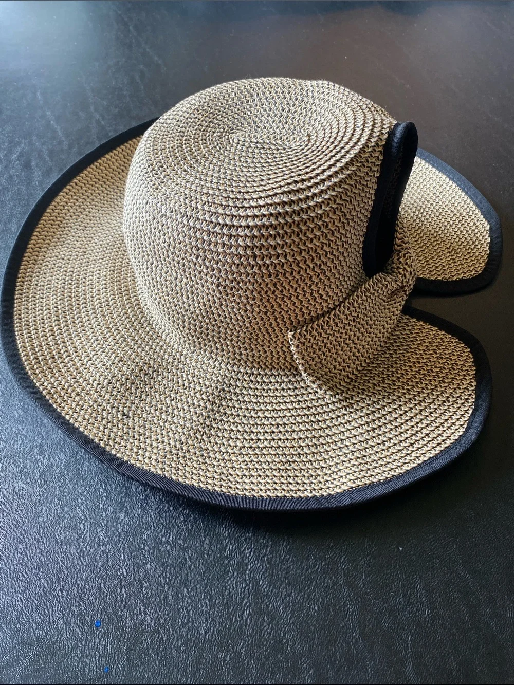 David and Young Tan Toyo Straw Sun Hat with Black Trim and Bow Detail on Back